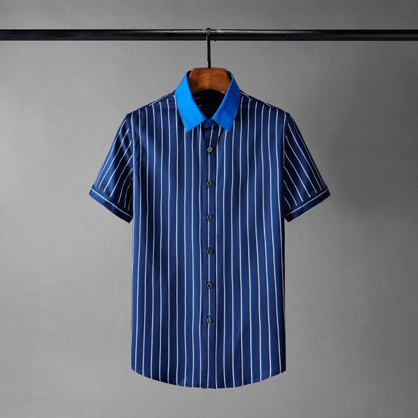 

men's casual shirts classic blue summer mens luxury stripe short sleeve dress 4xl fashion slim fit man, White;black