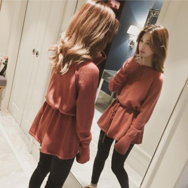 

autumn winter new knitted bottomed cardigan medium and style waist closing clothes female students' long sleeve smart thin t-shirt