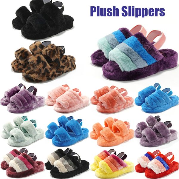

women shoes elastic band fluffy slippers muffin plush indoor fluffy fox fur soft comfotable slippers sandal shoes winter size 36-44, Black