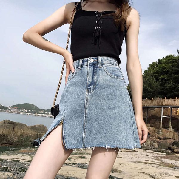 

same summer split 2020 new yaya personalized zipper basic wash water high waist denim skirt style, Black;gray