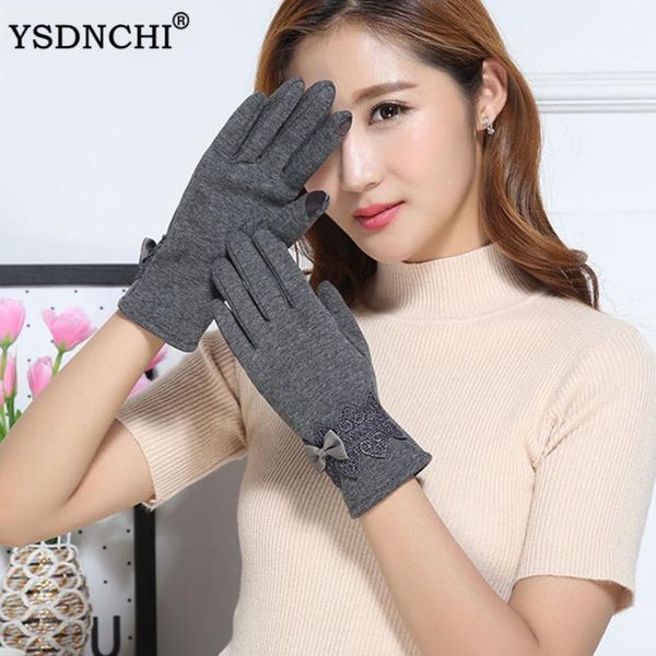 

YSDNCHI Lace Bow Design Mittens Touched Screen Gloves Winter Mittens Women Wrist Length Ladies Riding Outdoor Warm Ski Gloves1, Blue;gray