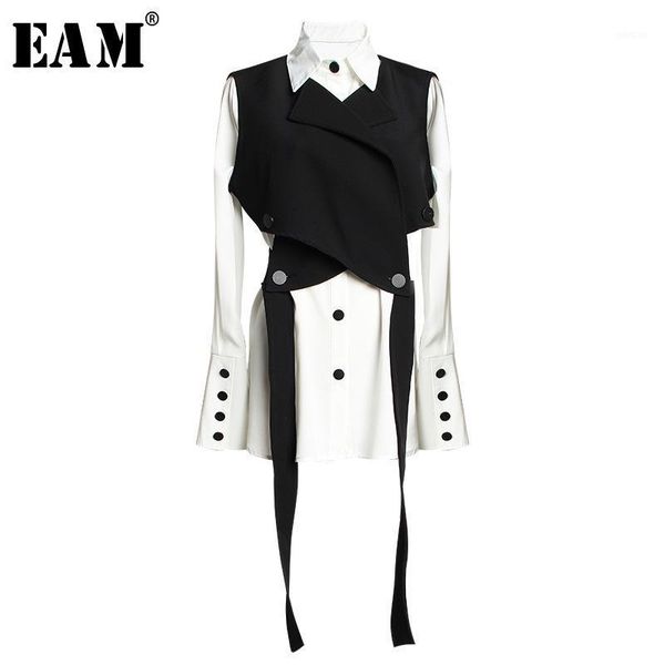 

eam] women black bandage vest two piece blouse new lapel long sleeve loose fit shirt fashion tide spring autumn 2020 jr6751, White