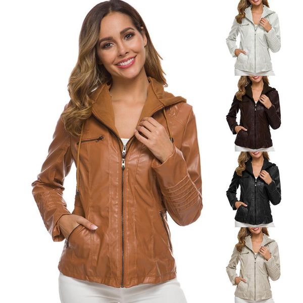 

women pu jacket autumn winter removable hooded faux leather jackets casual warm zipper pocket outwear basic coats plus size 7xl, Black