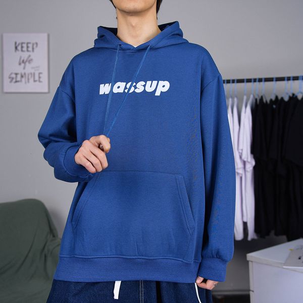 

extfine men's oversized hooded wassup letter print sweatshirt korean streetwear fleece warm soft men casual hoodie, Black