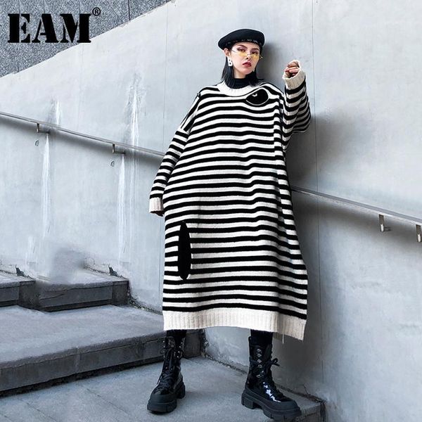 

eam] women big size striped long knitting dress new round neck long sleeve loose fit fashion tide autumn winter 2020 1db5371, Black;gray