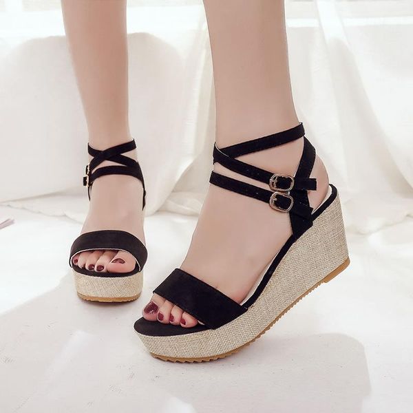 

peep toe ankle strap gladiator wedges sandals high cross-tied platform ladies sandals solid buckle strap summer women shoes, Black