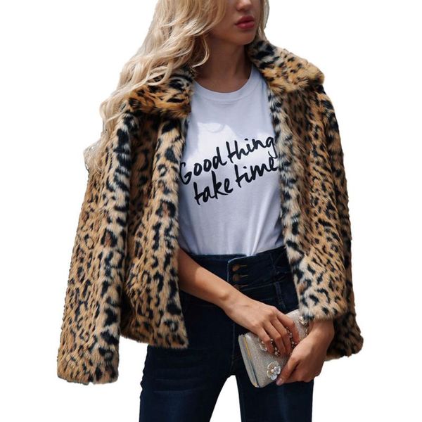 

idopy женщины дамы осень зима симпатичной leopard нагрудного воротник тонкого искусственный мех с длинным рукавом event жилет куртка пальто, Black