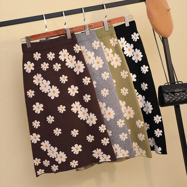 

womens skirts winter knitted long skirts stretched high waist funny flowers knitting saia midi skirts pencil, Black