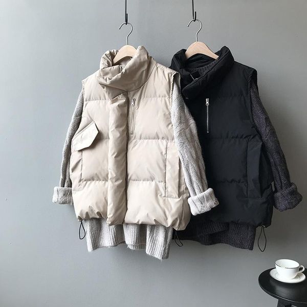 

women's korean style solid sleeveless winter keep warm winter vest coat single women breasted loose thick fashion vest, Black;white