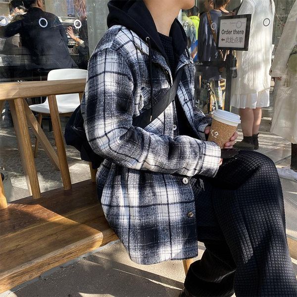 

2020 autumn and winter new youth popular loose color matching plaid fake two-piece hooded woolen coat fashionable casual, Black