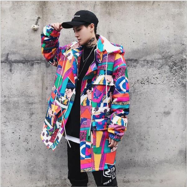 

autumn graffiti print medium length hooded jacket men and women hip-hop loose thick trench coat coat1, Black;brown
