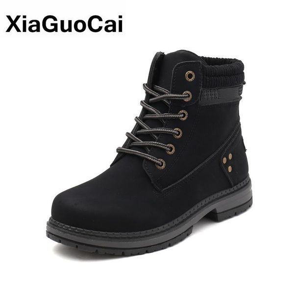 

winter women shoes warm ankle boots casual pu leather woman cotton snow boots lace up plush fashion female work shoes big size, Black