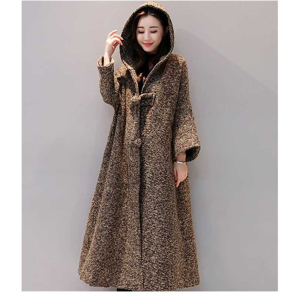 

autumn winter wear new women's national wind long-sleeved windbreaker thick coat large size long hooded cardigan coat h00929, Tan;black