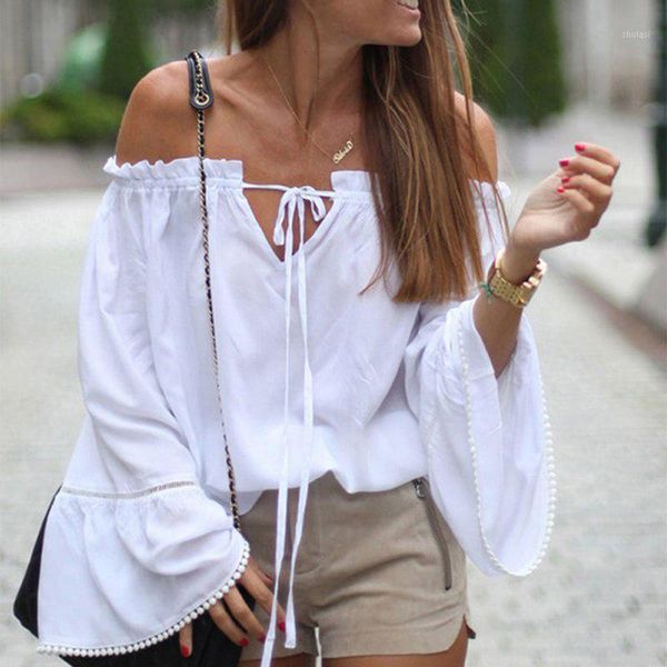

off shoulder white linen blouse shirts women 2018 summer lace-up long flare sleeve bow blouses casual women colthing 1
