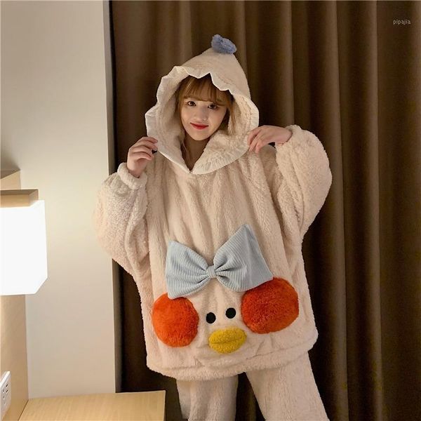 

pajamas female winter korean version of sweet and cute plush warm pajamas cartoon long-sleeved two-piece home service suit1, Black;red