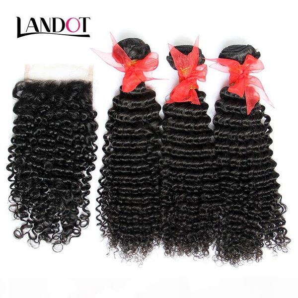 

3 bundles brazilian curly virgin human hair weaves with closure unprocessed brazilian deep kinky curly hair and lace closures natural color, Black