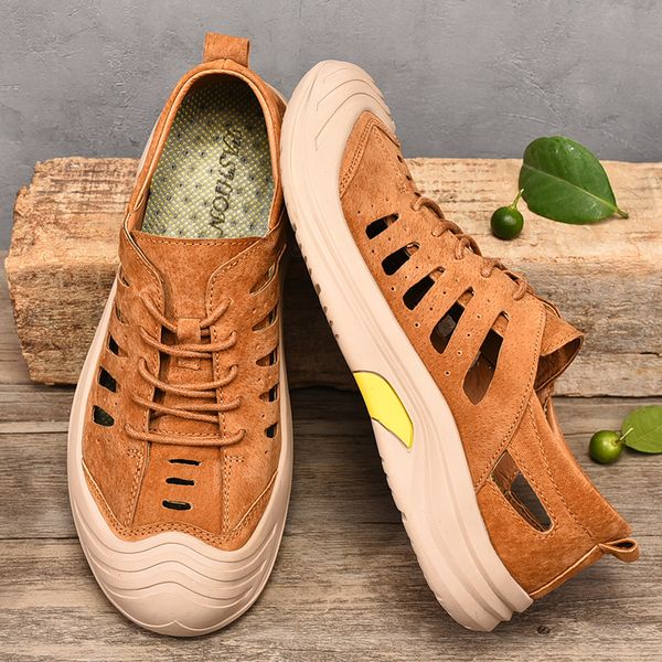 Uomo New Fashion First Pigskin Casual Shoes Maschio Summer Hollow Scarpe sportive classiche traspiranti Hombre Outdoor Sneakers con lacci