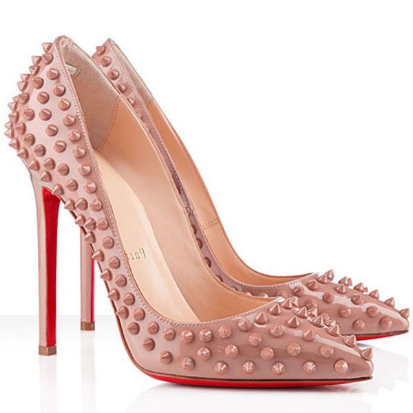 

full spikes patent leather pointed toe pumps,luxurys woman red bottom high heels pumps lady party dress shoes red soles heels with boxes, Black