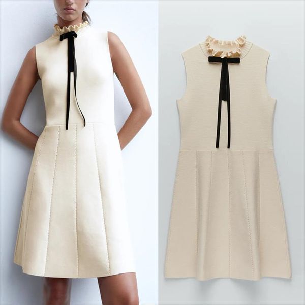 

2021 za платье женщины элегантный галстук бабочка midi вязаное платье рюмки с высоким воротником без рукавов женские винтажные старинные осе, Black;gray