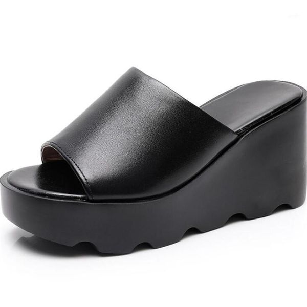 

sandals 2021 summer fashion open toe 8cm high heel soft cowhide women leather slippers non-slip thick bottom sandals1, Black