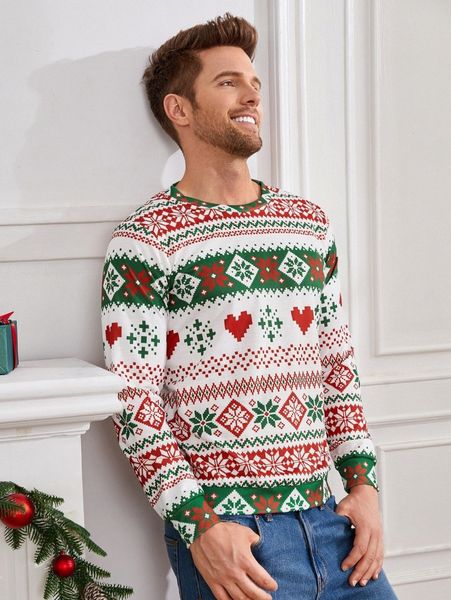 

men christmas print pullover d39l#, Black