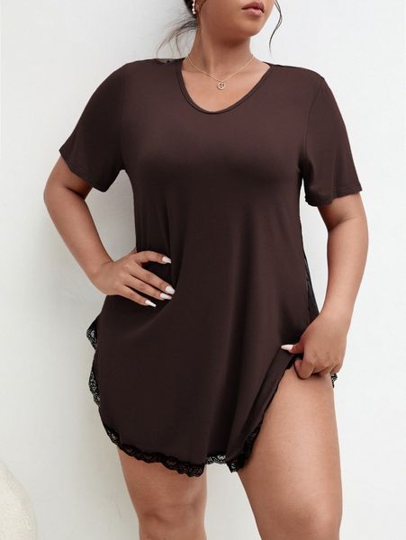 

plus contrast dobby mesh lace trim night dress c0co#, Black;white