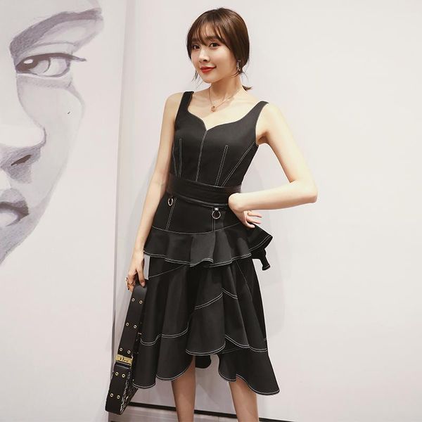 

yigelila new arrivals fashion black dress spaghetti strap sleeveless solid dress office lady backless mid-calf 65504, Black;gray
