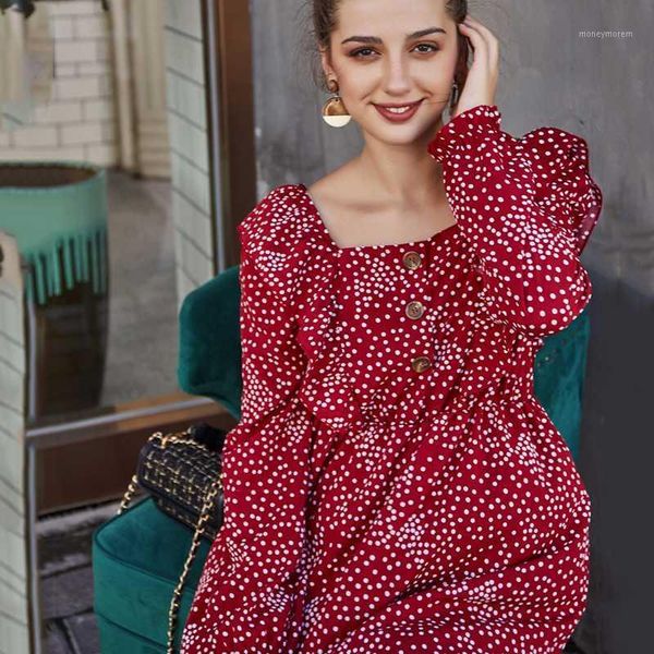 

casual dresses vestido vintage women red mini dress autumn high waist summer fashion polka dot square button vestidos 2021 festa1, Black;gray