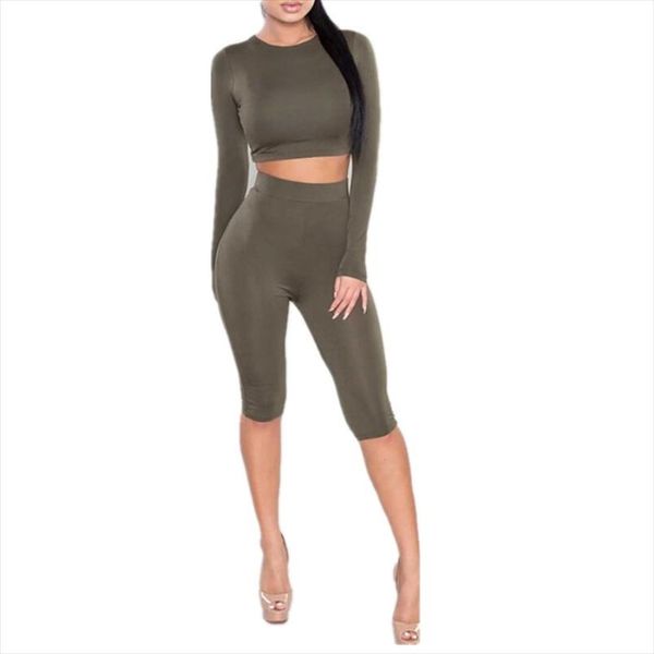 

two piece set women long sleeve shirts half length bodycon shorts skinny 2 piece set female fitness suit, Gray