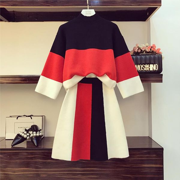 

fashion color block knitted womens sweaters skirts sets autumn winter long sleeve warm loose pullover sweater 2 pieces lady suit, Gray
