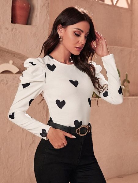 

puff sleeve allover heart print tee v33d#, White