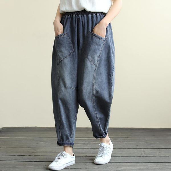 

vintage women jeans 2020 summer harem pockets loose ankle length female casual all match jeans, Blue
