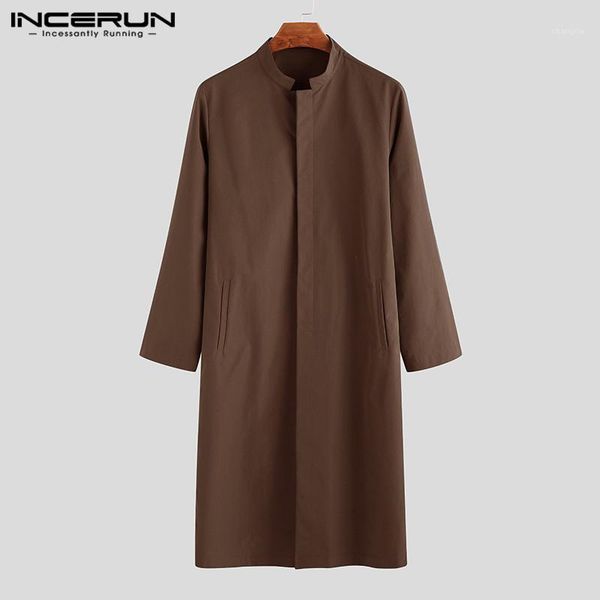 

incerun vintage men long style shirt casual retro solid 2019 stand collar long sleeve muslim islamic kaftan men shirts plus size1, White;black