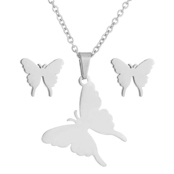 

2021 new stainless steel women's jewelry set butterfly earrings necklace clavicle chain women's neckline jewelry gift, Silver