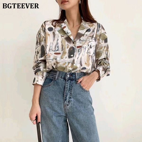 

bgteever vintage v-neck print women blouse shorts full sleeve loose female shirts spring summer elegant ladies y200622, White