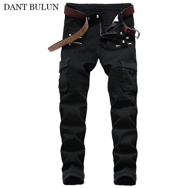 

mens stretchy jeans pleated zipper multi-pocket pants men's clothes slim skinny patch trousers brand biker jeans army green, Blue