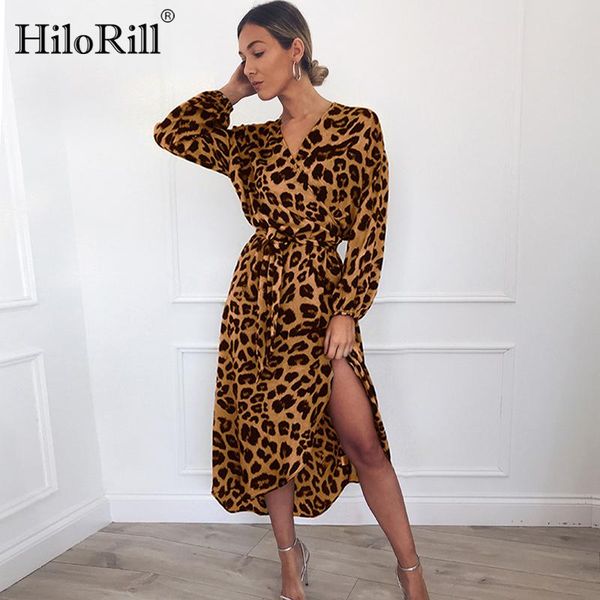 

hilorill leopard dress women long sleeve beach long dress v-neck lady midi elegant split party dresses vestidos de fiesta, Black;gray