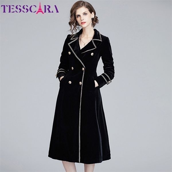 

tesscara women autumn elegant velvet blazer trench coat female vintage designer long overcoat outerwear & coats 201031, Tan;black