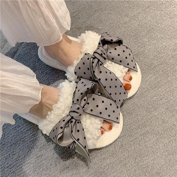 

winter furry house shoes woman slippers with faux fur indoor slippers comfortable bow bedroom for girls home shoes1, Black