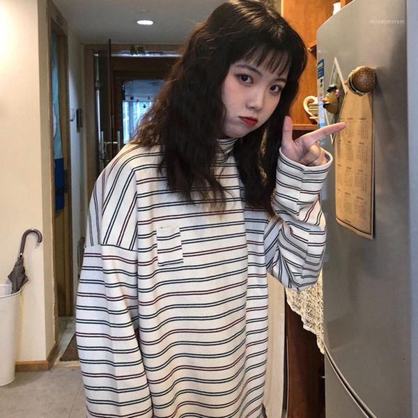 

autumn new ladies sweatshirt casual striped fashion high neck long sleeve loose soft street women pullover1, Black