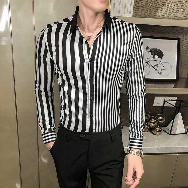 

striped mens shirts 2020 business shirt men casual slim fit shirts camisa social masculina long sleeve streetwear1, White;black