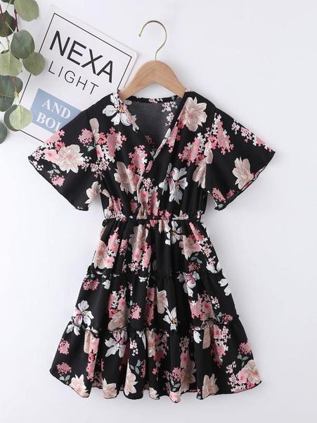 

girls floral print overlap collar layered hem dress she, Red;yellow