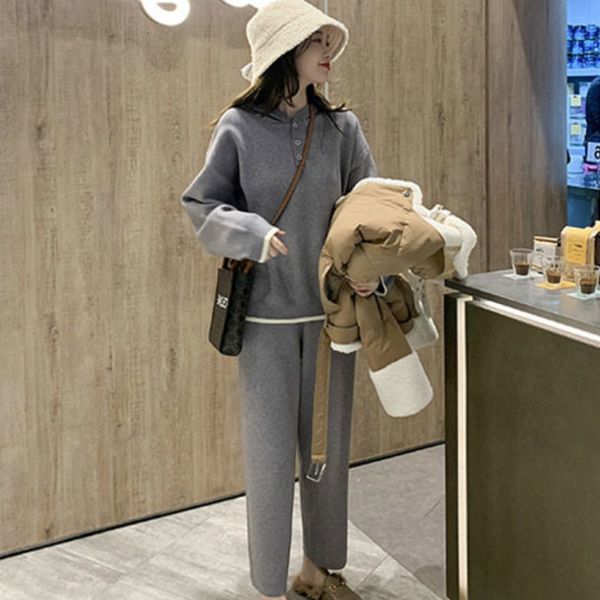 

2021 new women oversized two-piece clothes knitted or crocheted sweaters elastic waist leg loose pants spring sweater set obox, Gray