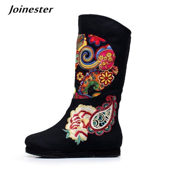 

women's floral embroidered cotton fabric fashion boots chinese style mid-calf booties ladies vintage autumn boot slip on shoes, Black