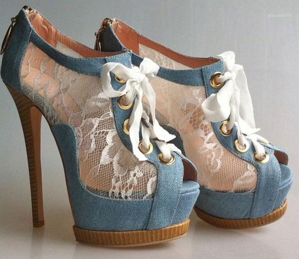 

boots washable denim cloth floral lace patchwork peep toe ankle summer platform stiletto wood heel women up botas1, Black