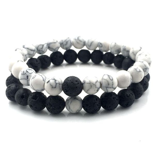 

2pcs/set 8mm white howlite stone and volcanic rock lava stone beads bracelets set for women men stretch jewelry gift a18038, Black