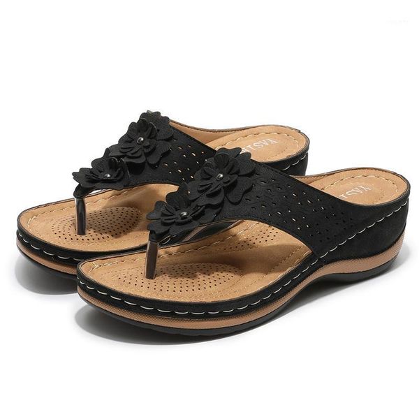 

women outdoor casual mid heel sandals slippers floral flip flops sandals wedges shoes clip toe slippers flip flops dropshipping1, Black