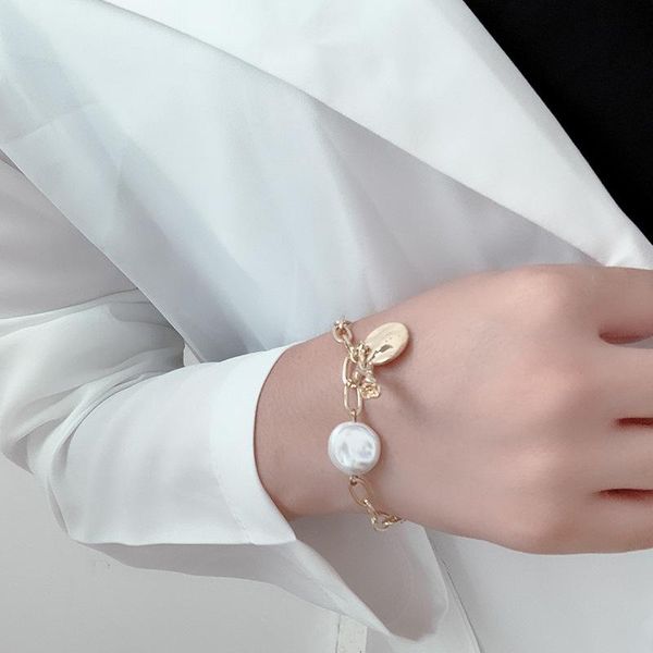 

bangle baroque pearl thick chain charm bracelet for women vintage flower wafer pendant bangles bride jewelry gift, Black