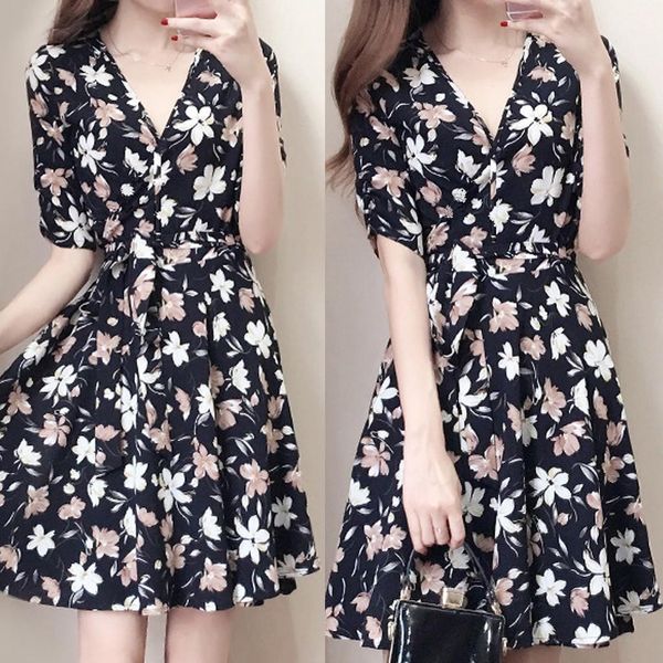 

fashion women knee length short sleeve printing v-neck sweet floral black summer dress sukienka vestidos de verano #30, Black;gray