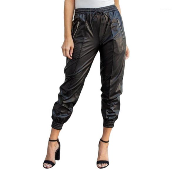 

fashion women high waist pu leather pants elegant pantalones harem pants casual elastic waist bandage trousers streetwear1, Black;white